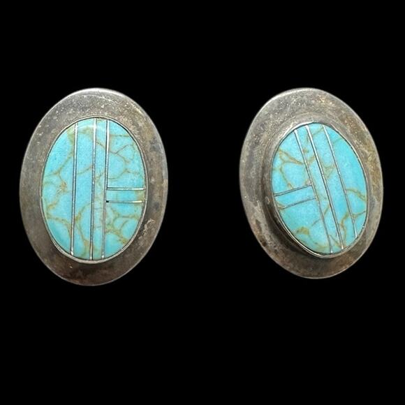 Vintage Ella Peter Oval Sterling Silver & Turquoise Inlay Earrings Pierced Ears - Picture 1 of 9
